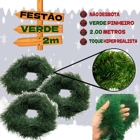 Kit 10 Peças Festão Verde Enfeite De Natal 2m Decoração Festa Promoção 8CM - Envio Imediato