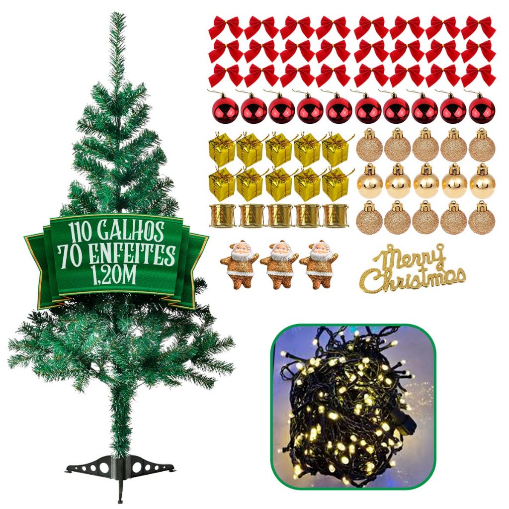 Árvore Natal Decorada Pinheiro Premium 120 cm 110 GALHOS Enfeitada Luxo Kit Completa Enfeites