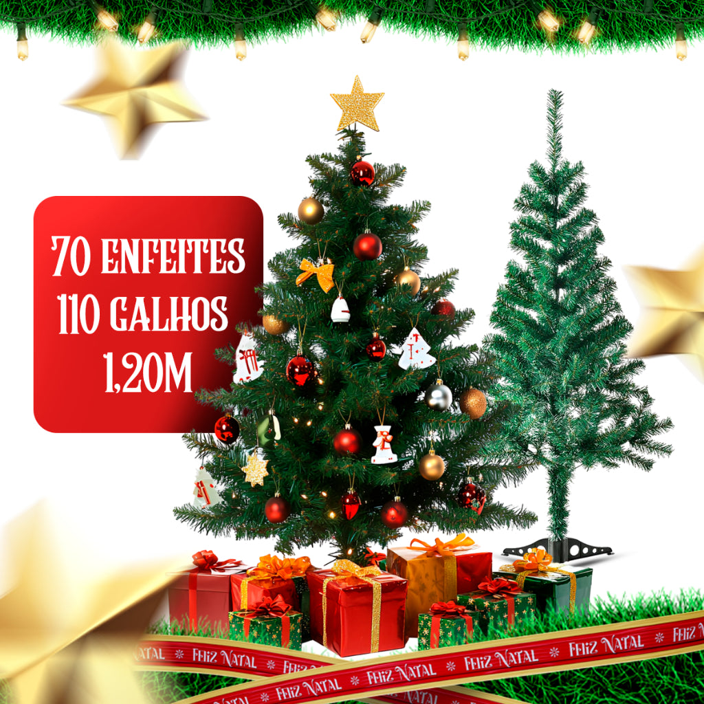 Árvore Natal Decorada Pinheiro Premium 120 cm 110 GALHOS Enfeitada Luxo Kit Completa Enfeites