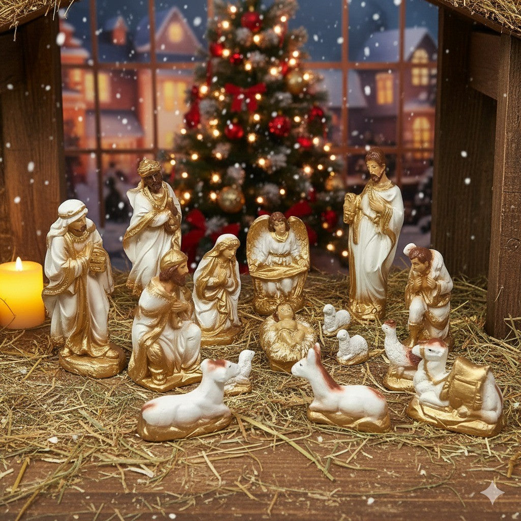 Presépio de Natal 15 Peças 20x8cm Gesso com Pò de Mármore Menino Jesus