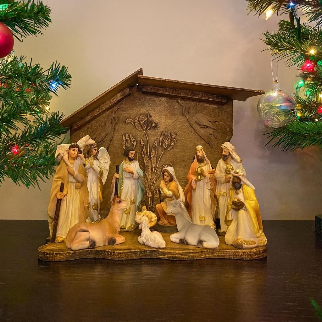 Presépio decoração Natal com Suporte 11 Peças 13cm Resina